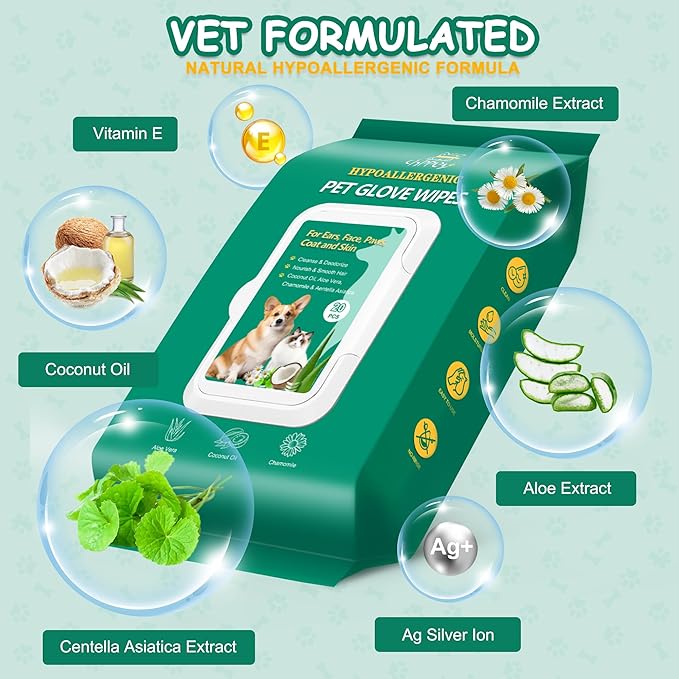 40PCS Pet Cleaning and Deodorizing Grooming Glove Wipes for Dogs and Cats, Extra Thick Nourish Fur No-Rinse Grooming Wipes for Daily Care and Travel, Hypoallergenic