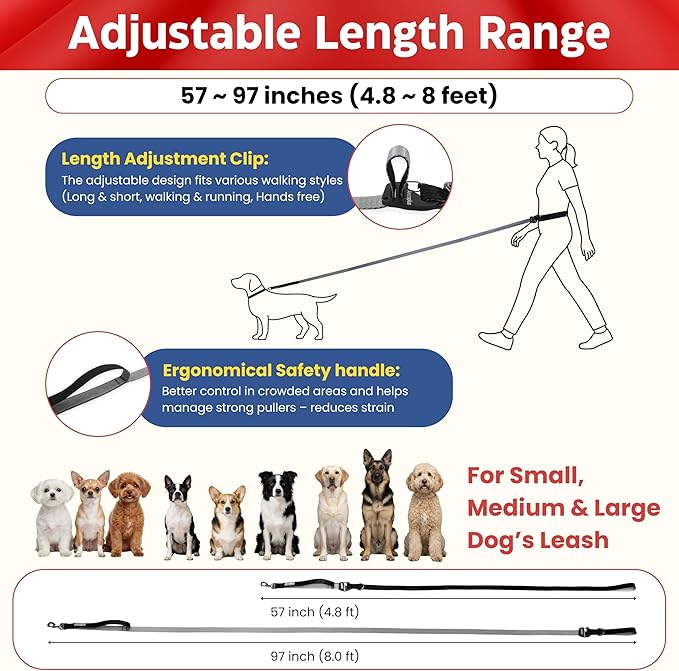 Hands Free Dog Leash, Multifunctional Crossbody Running for Dogs, Ultra-Light Dog Training Leash with Secure Clip, Short & Long Leashes, Adjustable Service Dog Leashes (Black Gray)