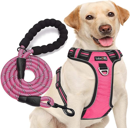No Pull Dog Harness Adjustable Reflective Oxford Easy Control Medium Large Dog Harness with A Free Heavy Duty 5ft Dog Leash (S (Neck: 13"-18", Chest: 17.5"-22"), Pink Harness+Leash)