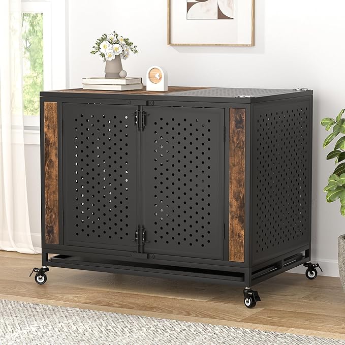 38" Heavy Duty Dog Crate Furniture for Medium and Large Dogs, Enclosed Design with 0.5 inch Holes, Indestructible Metal Kennel for High Anxiety Dogs, Chew Proof Indoor Pet House Cage, Brown