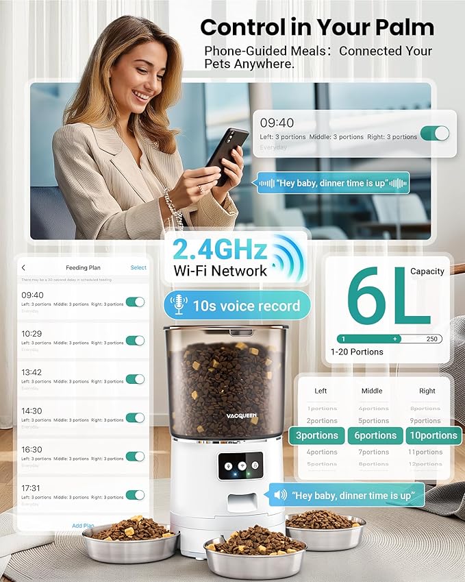 Automatic Cat Feeder for 3 Cats, 6L/25 Cup Cat Food Dispenser with Strong Anti-Jam System, Dual-Effect Desiccant, Smart WiFi App Control Pet Feeder, Automatic Dog Feeder for Cats and Small Dog