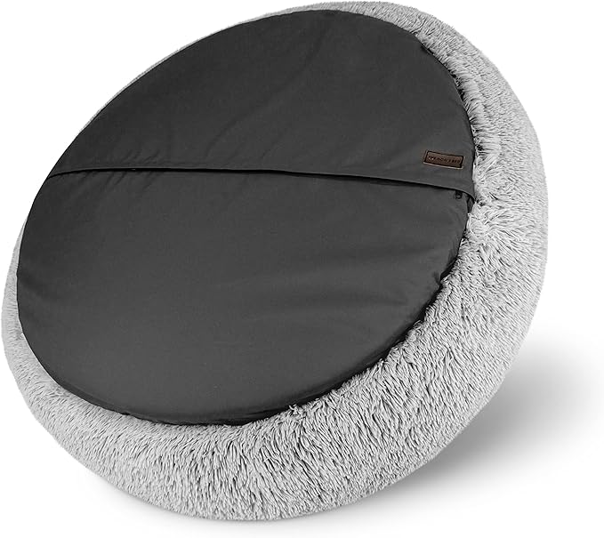 The Dog’s Bed Sound Sleep Donut Dog Bed, XXL Silver Grey Fur Calming Nest Bed Removable Cover, Veterinary Approved