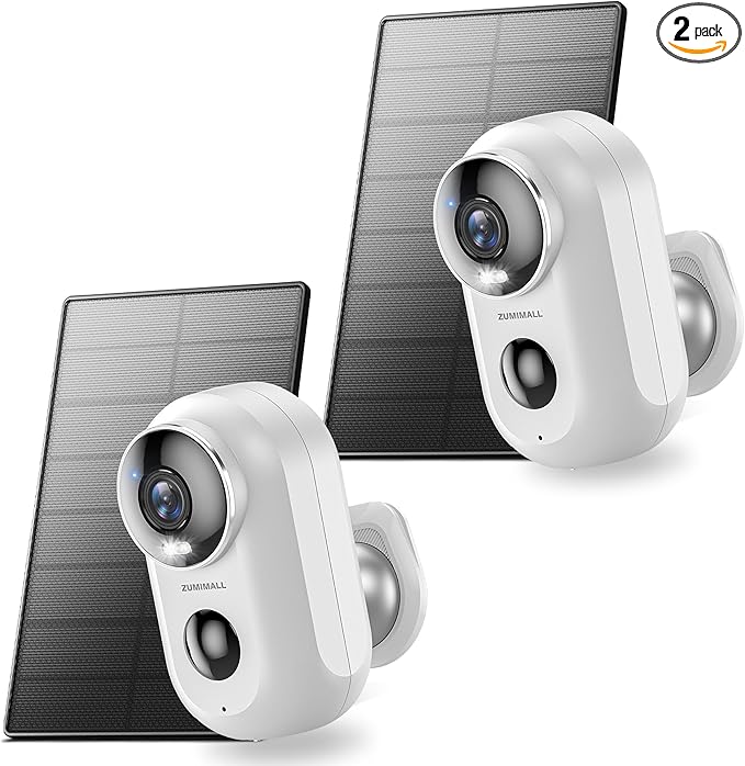 ZUMIMALL Solar Security Cameras Wireless Outdoor, 2Packs, Solar Camera Outdoor Wireless, 2.4G WiFi Battery Camera, 3MP Color Night Vision, Magnetic Mount, Siren,PIR/AI Analyse, IP66, Cloud, Alexa