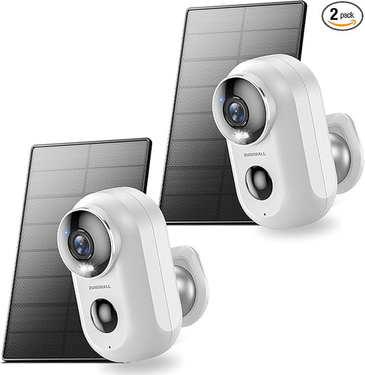 ZUMIMALL Solar Security Cameras Wireless Outdoor, 2Packs, Solar Camera Outdoor Wireless, 2.4G WiFi Battery Camera, 3MP Color Night Vision, Magnetic Mount, Siren,PIR/AI Analyse, IP66, Cloud, Alexa