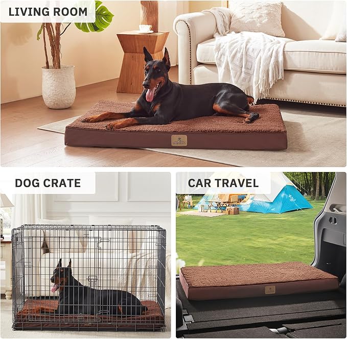 Bedfolks Orthopedic Dog Bed for Jumbo Dogs - Egg Foam Dog Crate Bed with Removable Waterproof Cover, Pet Bed Mat Suitable for Dogs and Pets Up to 150 lbs (54 x 44 x 4 inches, Brown)