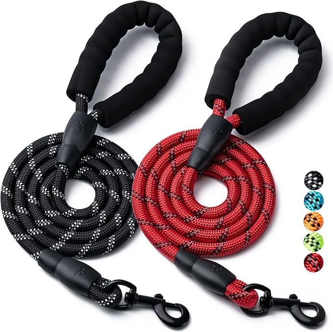 2 Pack Dog Leash, 4/5//6 FT Heavy Duty Nylon Rope Pet Leashes with Comfortable Padded Handle, Reflective Dog Leashes for Small Medium and Large Dogs (5FT-1/2,Black/Red)
