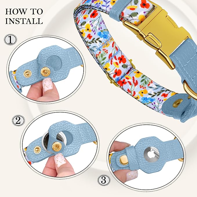 AirTag Dog Collar for Small Medium Large Breed - Adjustable Cute Pattern Dog Collar with Airtag Holder - Soft Leather Tracker GPS Apple Air Tag Pet Collars (Small, 12"-15" Neck Fit, Floral)