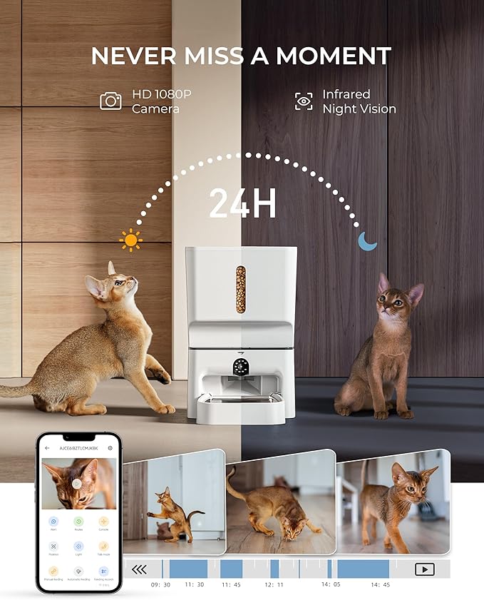 Automatic Cat Feeder with Camera, 7L Timed Dog Feeders, Adjustable Camera, 1080P HD Night Vision, Automatic Dog Feeder, 5G WiFi Cat Food Dispenser with 2-Way Audio, Low Food & Motion Alerts