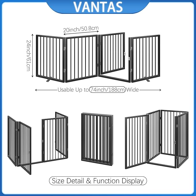 Vantas Folding No-Assembly Metal Pet Gate 80" Wide, 24" Extra Tall Dog Gate with Door Walk Through, Freestanding Accordion Puppy Gate Dog Door for Indoor & Outdoor, with 2PCS Support - Black