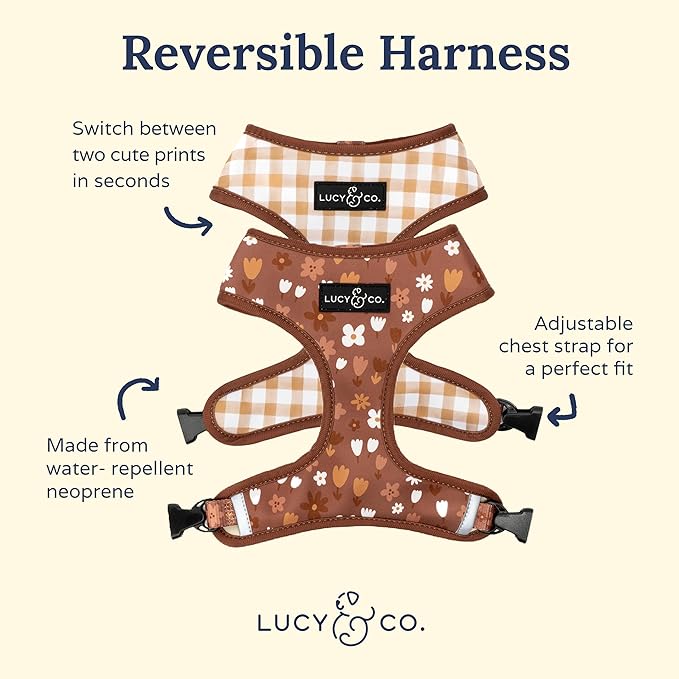 Lucy & Co. Cute Reversible Dog Harness Walking Halter - Best Designer Pet Harnesses for XS - XL Dogs - Padded Adjustable Vest for Easy Walking (Medium, Chocolate Meadows - Brown & White Floral)