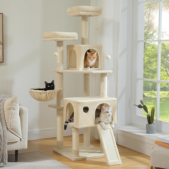 64-Inch Large Cat Tree for Indoor Cats, Multi-Level Tall Cat Tower with 2 Soft Top Perches, 2 Caves, 5 Sisal Scratching Posts, 2-in-1 Scratching Ramp, 1 Hammock & 3 Pompoms, Beige