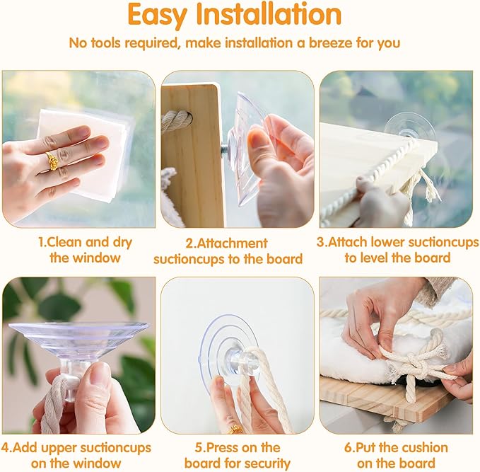 Cat Window Perch, Rustic Cat Hammock Bed with Solid Wood Seat 4 Heavy Duty Suction Cups, Plush Cushion, Indoor Pet Window Hammock for Cats for Large Cats