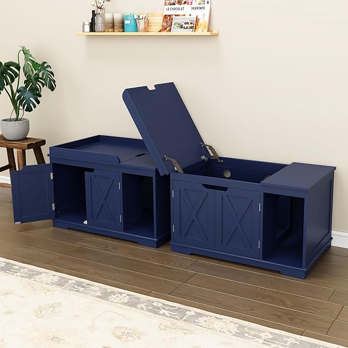 Flip Top Cat Litter Boxes Enclosure Covered Litter Box Hidden Furniture Wooden Cat Washroom Cabinet for Kitty, Medium and Large Cat Blue