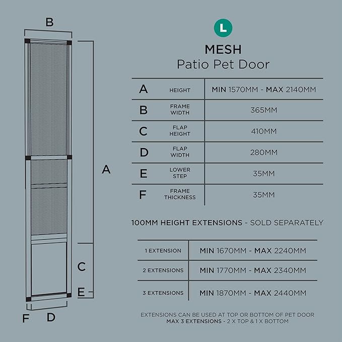 Hakuna Pets V2 Patio Pet Door Screen Insert Panel for Sliding Doors, Fits Door Track Min Ht 62.99" to Max Ht 84.25",UV Resistant Mesh, Locking Magnetic Dog Door, Easy Install and Removal,Large,Silver