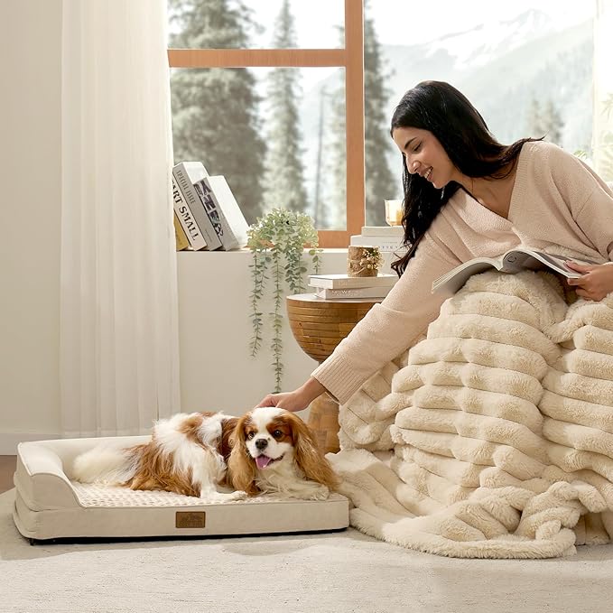 Orthopedic Dog Bed for Medium Small Size Dog, Dogs Crate Bed, L Shaped Foam Anti-Slip Bottom Pet Cat Sofa with Washable Removable Cover, Suitable for Pet Up to 40 lbs, 30x20x6.5 inch, Beige