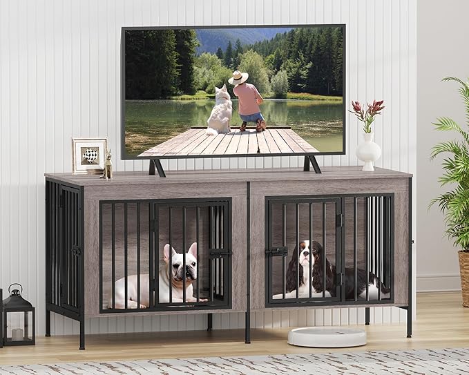 EasyCom Dog Crate Furniture for 1 or 2 Dogs, Heavy Duty Single/Double Dog Crates for Small/Medium/Large Dogs, Dog Kennel Furniture Indoor as TV Stand, Small Size 55.12" L(0-20 Pounds), Oak Grey