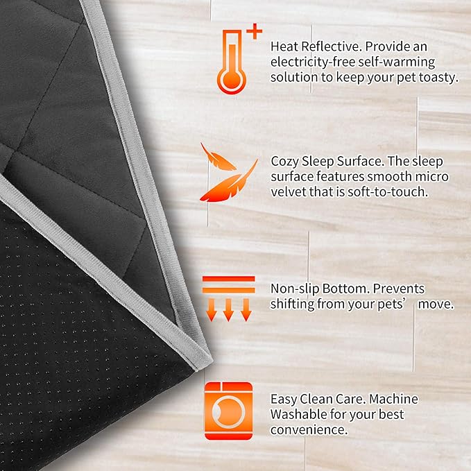 NWK Self Warming Thermal Pet Mat for Dogs and Cats, Body Heat Reflecting Cat Bed Mat, Washable, for Sofa & Crate & Kennel & Car Seat (Obsidian Black, Large (35'' X 23'' X 0.4''))