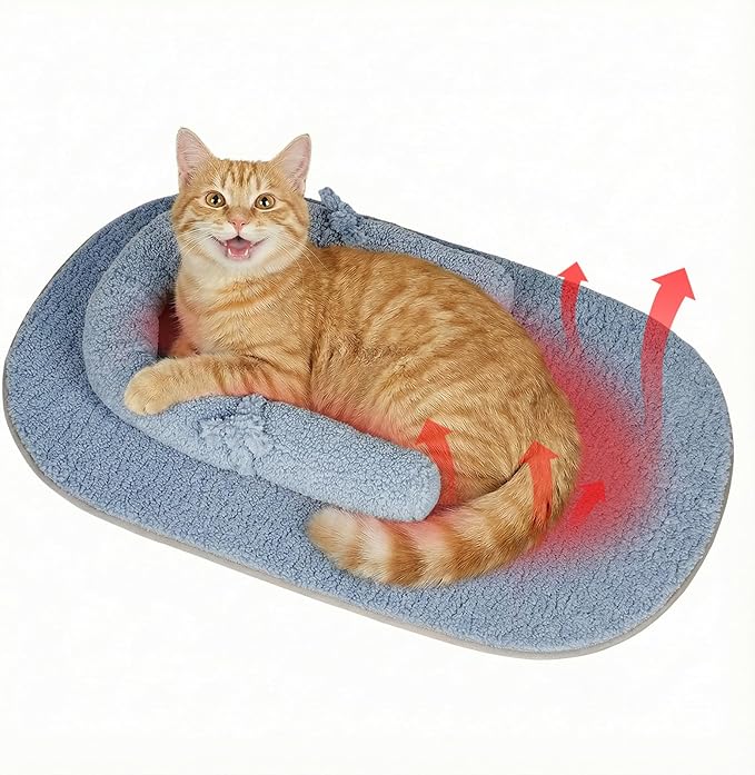 Self Warming Cat Bed Mat with Soft U-Shaped Pillow– Thickened Calming Cat Bed for Kittens and Small Dogs – Portable Washable Cats Warming Pad for Indoor or Travel Use,Blue