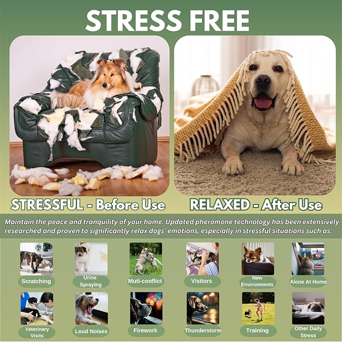 Calming Diffuser for Dog, Pheromone Plug-in Set (2 Diffusers & 6 Refill 48ml) for Dog Anxiety Relief, Reduces Barking, Aggression, Destructive Behavior, Fireworks Fear, 180-Day Dogs Calming Diffuser