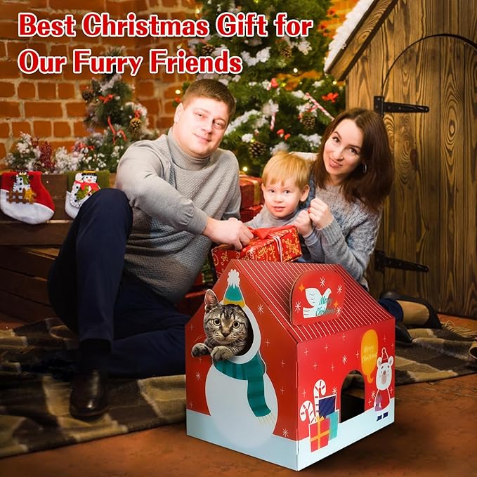 Christmas Cardboard Cat House with Scratching Pad (15"x12"x15") Cat Play House for Indoor Cats, Christmas Decorations Scratching Pad for Kitty