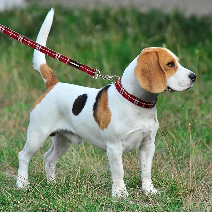 Plutus Pet Cotton Hemp Dog Collar and Leash Set, Adjustable Collar for Small, Medium, and Large Dogs, Heavy Duty and Soft on Skin, Red Plaid, S