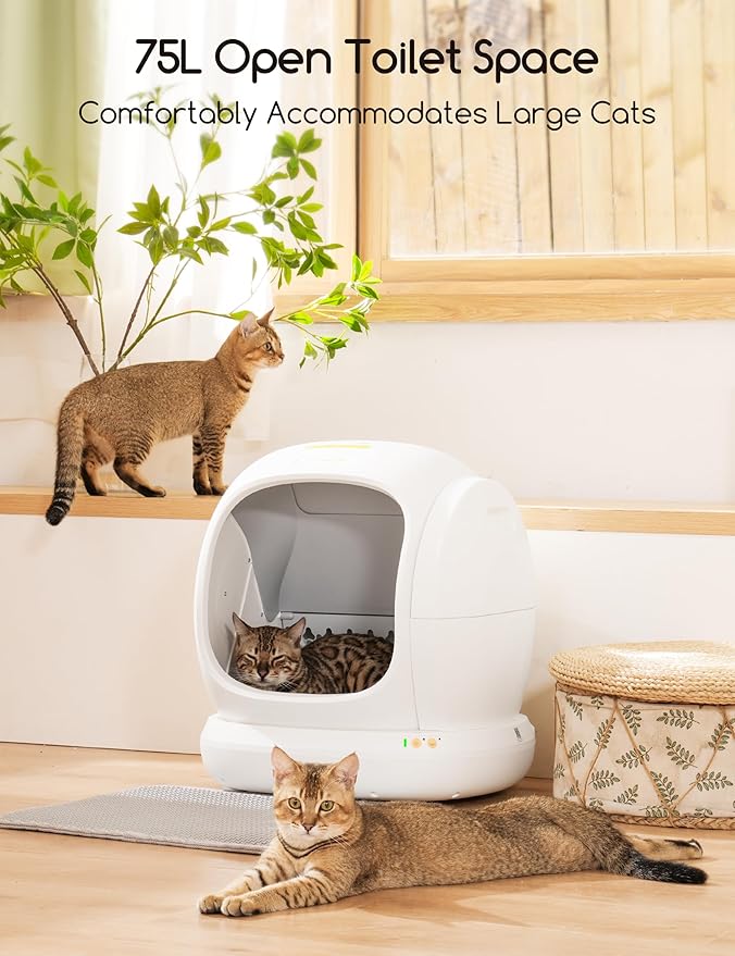 MeoWant Self-Cleaning Cat Litter Box, 75L Extra Large Open Automatic Cat Litter Box for Multi Cats, Integrated Safety Protection, APP Control, Odor Removal, Includes Mat & Liner