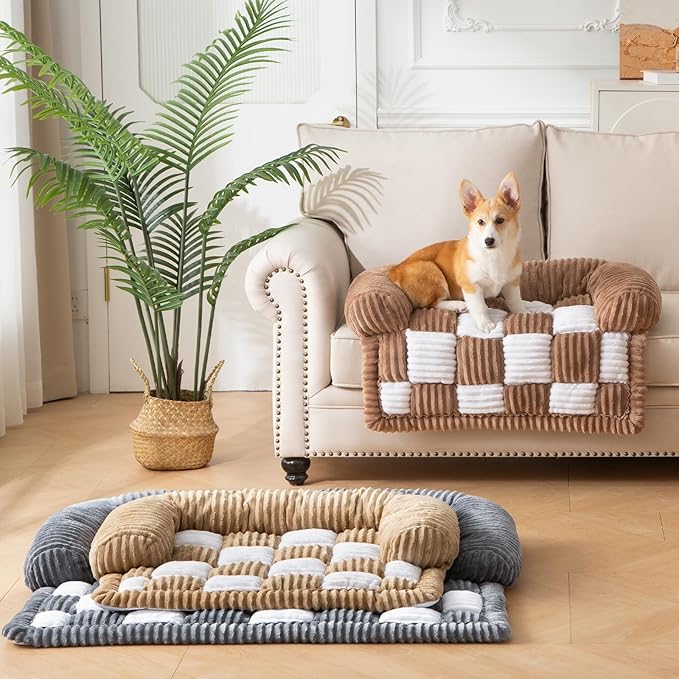 Dog Bed for Couch with Bolster, Comfy Couch Cover for Dogs Washable, Non-Slip Plush Furniture Protector, Calming Fuzzy Lounge Mat, Pet Sofa Accessories (Brown, Medium)