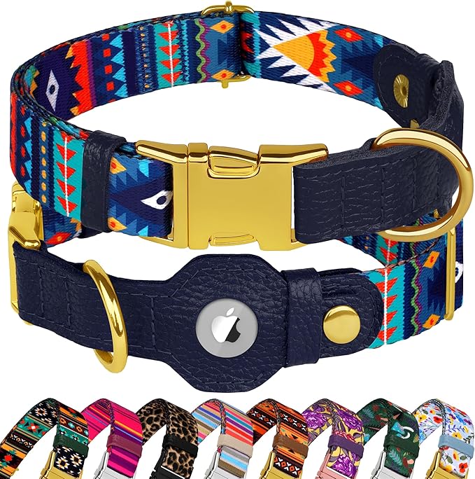 AirTag Dog Collar for Small Medium Large Breed - Adjustable Cute Pattern Dog Collar with Airtag Holder - Soft Leather Tracker GPS Apple Air Tag Pet Collars (Medium, 14"-18" Neck Fit, Navajo)
