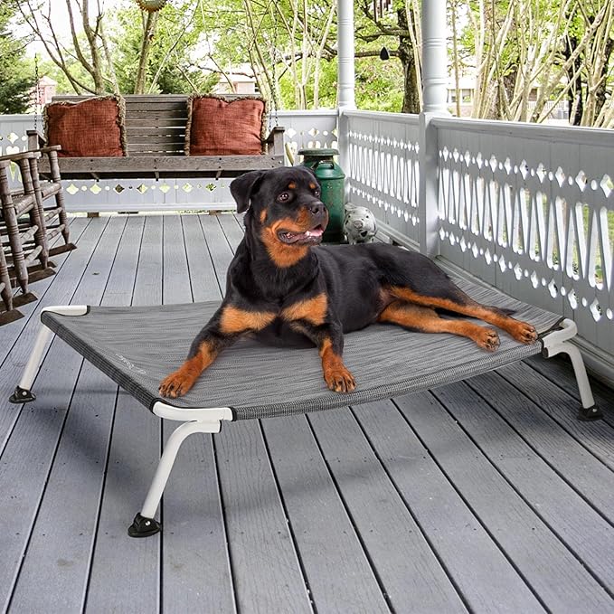 Veehoo Elevated Dog Bed for Outdoor, Cooling Waterproof Raised Dog Cots Beds XL, Curved Off Ground Pet Hammock Cot Lifted for Outside, up to 150lbs, White Legs, Black Silver 49"