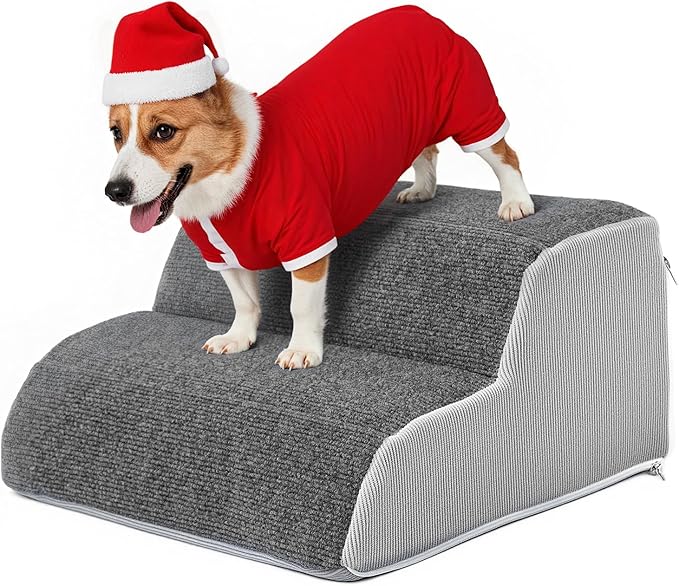 2-Steps Dog Stairs for Bed and Couch, Wider Pet Stairs for Small Old Large Dogs Cats, 30°Steady Non-Slip Dog Steps, Washable Dog Ramp with Removable Cover, PE Boards