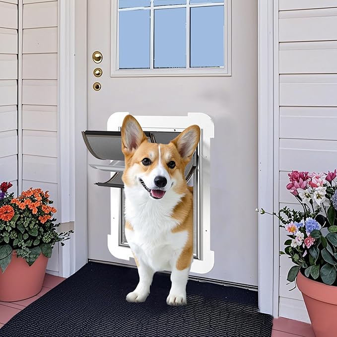 3-Flap Medium Dog Door for Door with Metal Sliding Lock Panel, Energy Efficient Pet Door with Steel Frame, Telescoping Tunnel,Never Rust Ruff Weather Doggie Door (Pets Up to 40 Lb)
