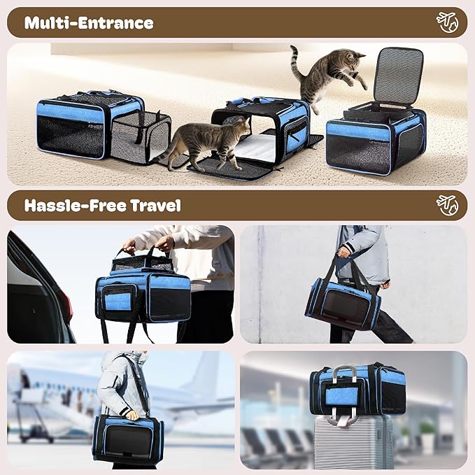 Top and 2 Sides Expandable Large Cat Carrier 18x13.5x9.5, TSA Airline Approved Dog Carriers for Large Dogs, Soft-Sided Pet Carrier with Self-Locking Zippers for Kitten,Rabbit, Puppy, Guinea Pig Blue