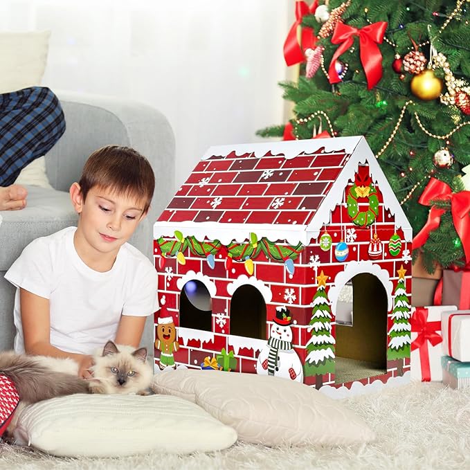 Cinrobiye Christmas Cardboard Cat House with Scratcher Pet Gingerbread Board Bed Cave Playhouse Hideaway Hideout Condo Decor Small Animals Scratch Box for Indoor Cats Kittens Rabbits Bunny (Red, 1)