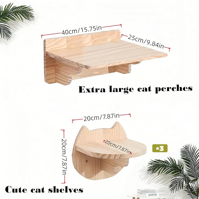 Cat Wall Shelves with 3 Steps - All-in-One Climbing & Resting Furniture, Solid Wood Wide Perch & Hammock for Indoor Cats, Supports up to 25lbs for Small to Large Cats