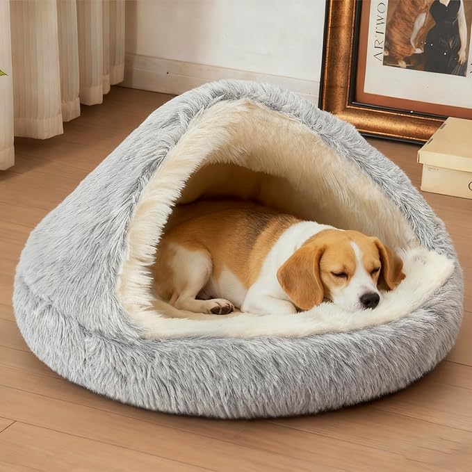 ShinHye Round Plush Fluffy Hooded Cat Bed Cave, Cozy for Indoor Cats or Small Dogs, Waterproof Bottom, Washable(40 in)