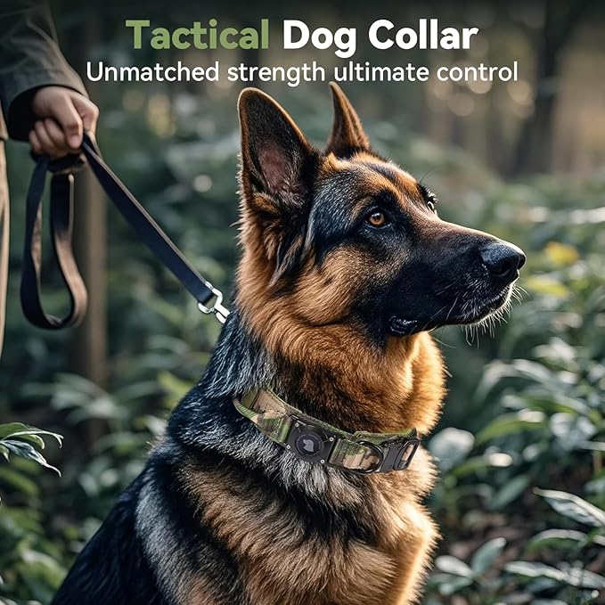2025 Upgrade Waterproof AirTag Dog Collar, Military Tactical Dog Collar with AirTag Holder, Comfortable Control Handle and Metal Buckle, GPS Dog Collar Holder for Medium to Large Dogs (Camouflage, M)