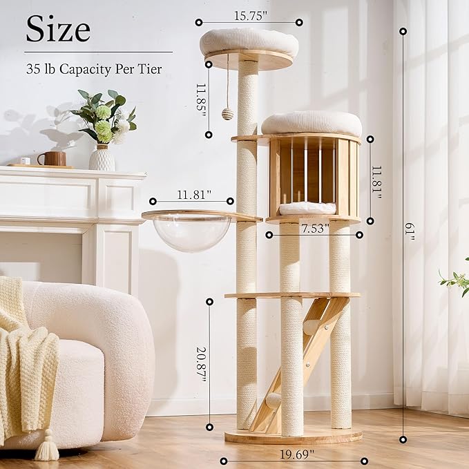 797Audio Solid Wood Cat Tree, 61" Large Modern Tall Cat Tower with Sisal Scratching Posts, Cat Condo, Capsule and Ladder, Aesthetic Multi-Level Cat Climbing Tree for Large Adult Indoor Adult Cats