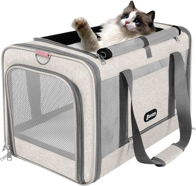 Cat Carrier American Airline Approved 18x11x11, Top Opening Sturdy Soft Pet Carrying Bag See Through, Mini Dog Hard Bottom Crate Kennel Case, 4-Side-Ventilation Mesh Cage Toy Poodle Biege