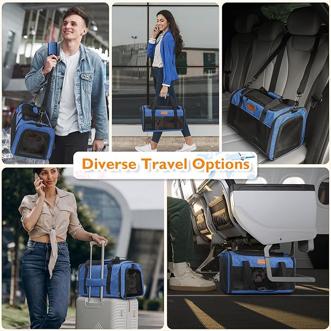 PETUX Cat Travel Carrier with Litter Box - 17"x11"x9.5", TSA Airline Approved, Underseat, Soft Sided Pet Carrier for Small Cats Under 12 lb with Safety Zipper, Anti-Scratch Mesh - Blue