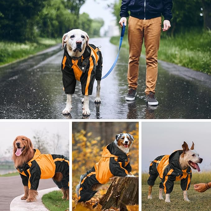 Dog Raincoat - Waterproof, Lightweight Jacket for Large Dogs - Adjustable 4 Legs Pet Poncho With Hood, Snow-Proof Vest, Leash Hole