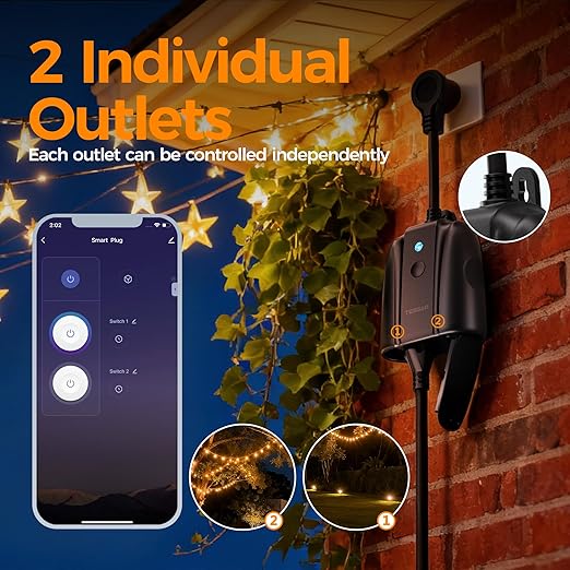 Outdoor Smart Plug Waterproof, TESSAN Smart WiFi Outlet Compatible with Alexa, Google Assistant, 2 Individual Sockets Outside Power Strip with Switch, 2.4GHz Wi-Fi Only, for Lights and 2HP Pool Pump