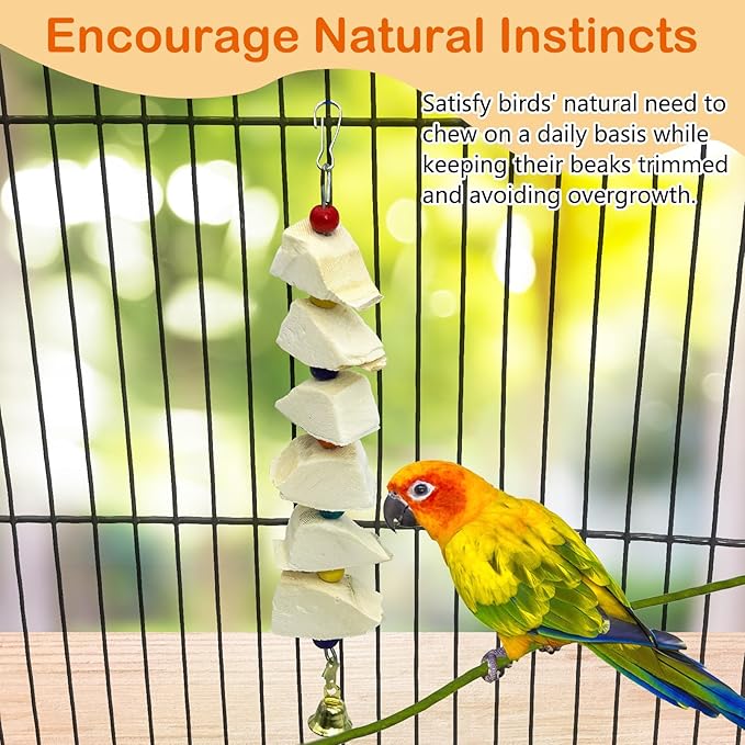 3 Pack Bird Chewing Toy Cuttlebone Parrot Toy with Bell Hanging Bird Beak Grinding Stone Parakeet Cage Accessories for Small & Medium Budgies Lovebirds Cockatiels (Block, 6 Per Skewer)