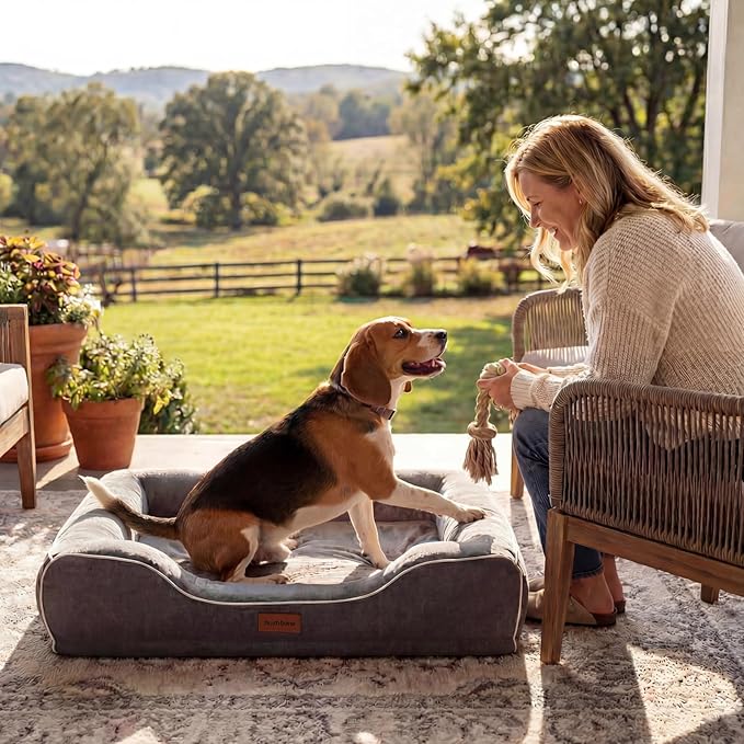 Orthopedic Dog Beds Large Sized Dog with Removable Faux Fur Washable Covers,Waterproof Pet Couch Bed with Cooling Gel Memory Foam and Bolster Side for Big Breed Pets,36" Dark Grey