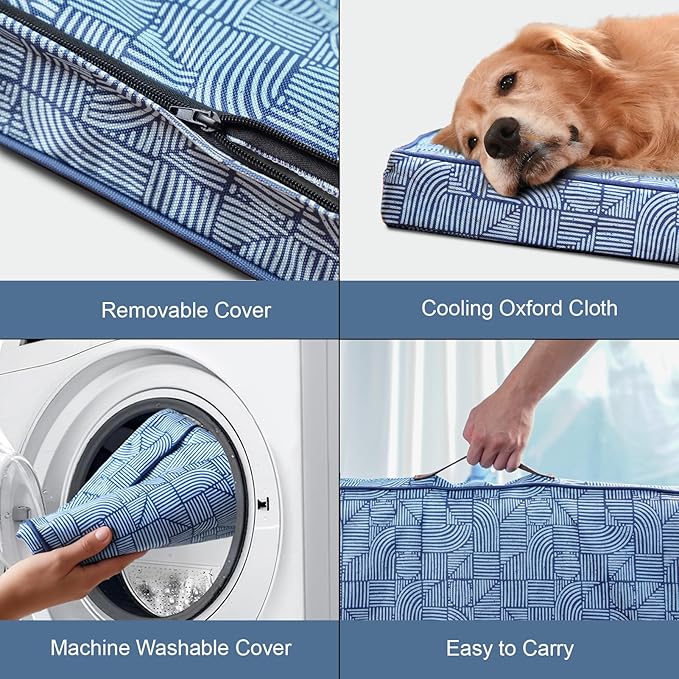 Outdoor Orthopedic Dog Bed, Waterproof Dog Bed for Large Dogs 36x27 Inch, Egg Crate Foam Pet Mat with Washable Removable Oxford Cooling Cover, White Blue