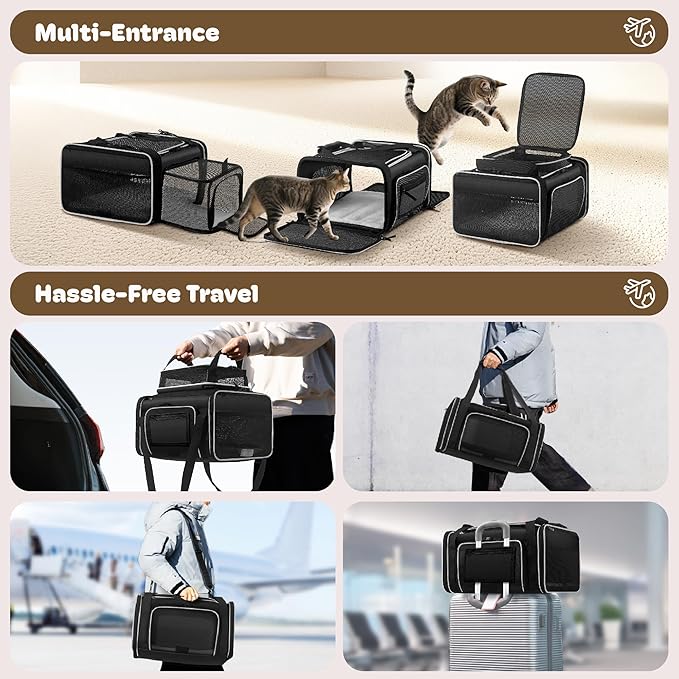 Top and 2 Sides Expandable Large Cat Carrier 18x13.5x9.5, TSA Airline Approved Dog Carriers for Large Dogs, Soft-Sided Pet Carrier with Self-Locking Zippers for Kitten,Rabbit,Puppy, Black White