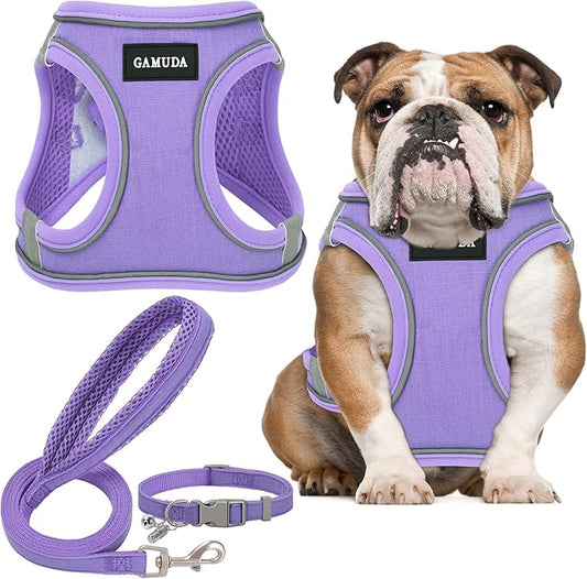 GAMUDA Small Pet Harness Collar and Leash Set, Step in No Chock No Pull Linen Fabric Soft Mesh Dog Vest Harnesses Reflective for Dogs Puppy Cats Kitten Rabbit (Purple, L)