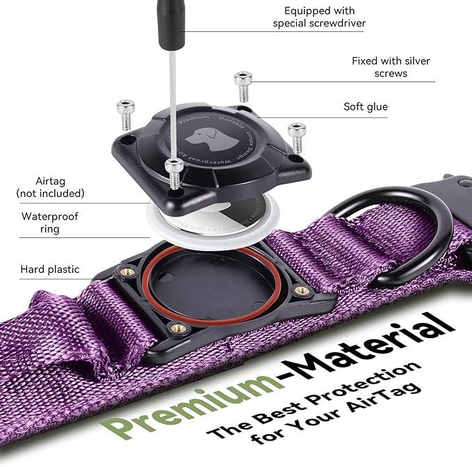 2025 Upgrade Waterproof AirTag Dog Collar, Military Tactical Dog Collar with AirTag Holder, Comfortable Control Handle and Metal Buckle, GPS Dog Collar Holder for Medium to Large Dogs (Purple, XL)