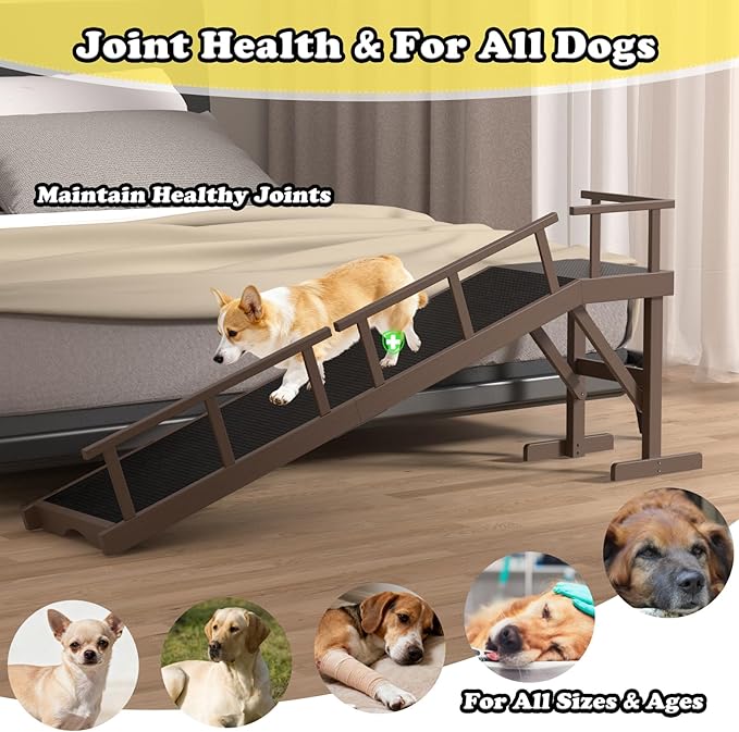 25" Height Dog Ramp for Bed, 73" Long Large Pet Ramp with Non-Slip Surface, Wooden Dog Ramp with Removable Rail & Rest Platform, Also as Dog Stairs for Small Senior Dogs with Glow Strips, Brown