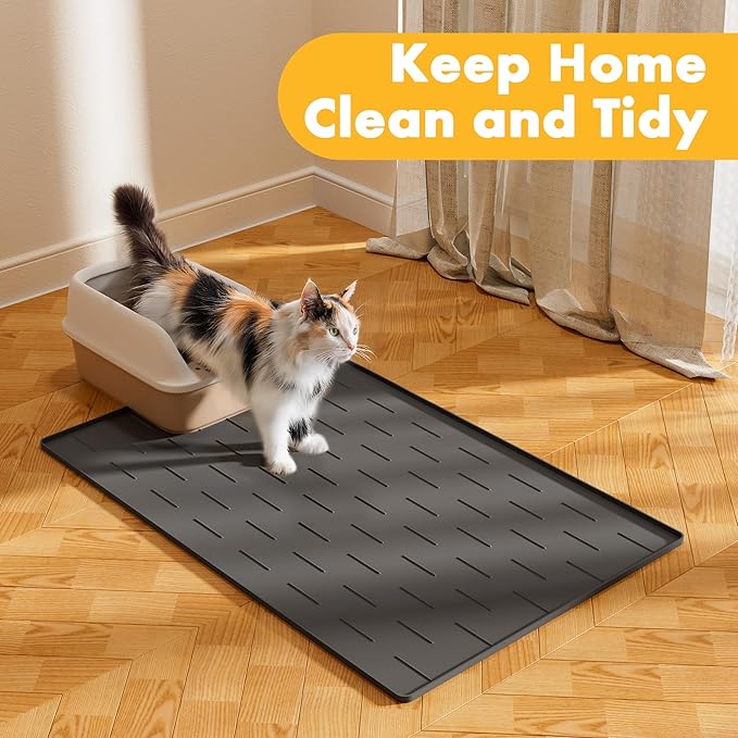 Pieviev Silicone Cat Litter Trapping Mat, 34''x22'' Large Cat Litter Mat, Easy to Clean & Soft on Kitty Paws, Waterproof Kitty Litter Pads for Indoor Cats, Dark Grey