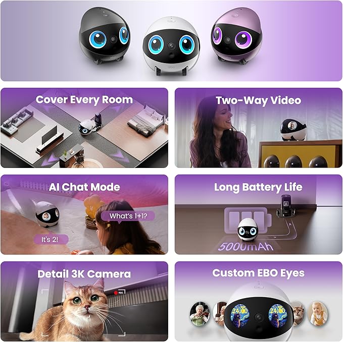 Enabot EBO Air 2 Plus FamilyBot 3K Home Camera Robot: Indoor Camera, Movable Robot Companion, 2-Way Video, AI Chat Mode, Auto-Recharge, Long Battery Life, Custom Facial Image, Night Vision